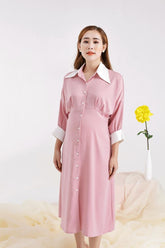 Silk Shirt Dress with Contrast Collar and Button-Front Design